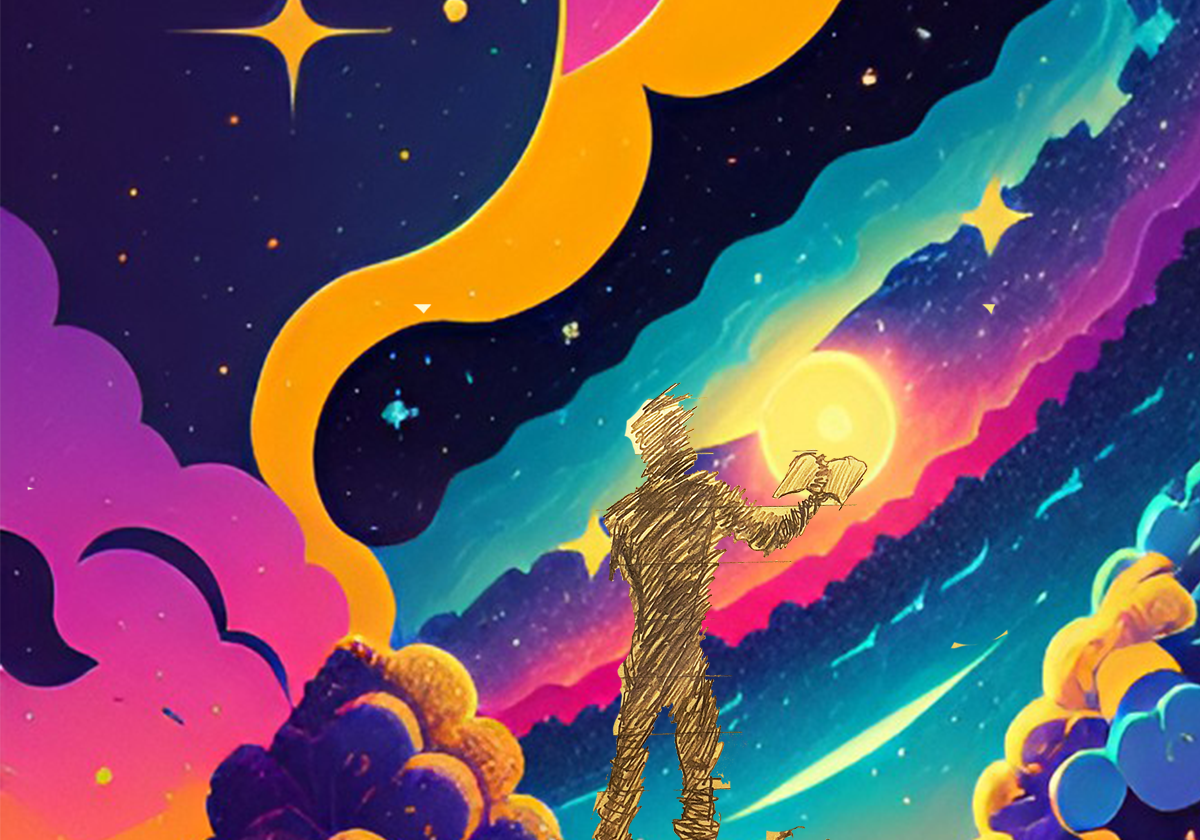 Abstract figure under starry sky